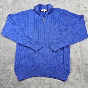 Carraig Donn Sweater Mens Medium Blue Cable Knit Cotton 1/4 Zip Fisherman Preppy